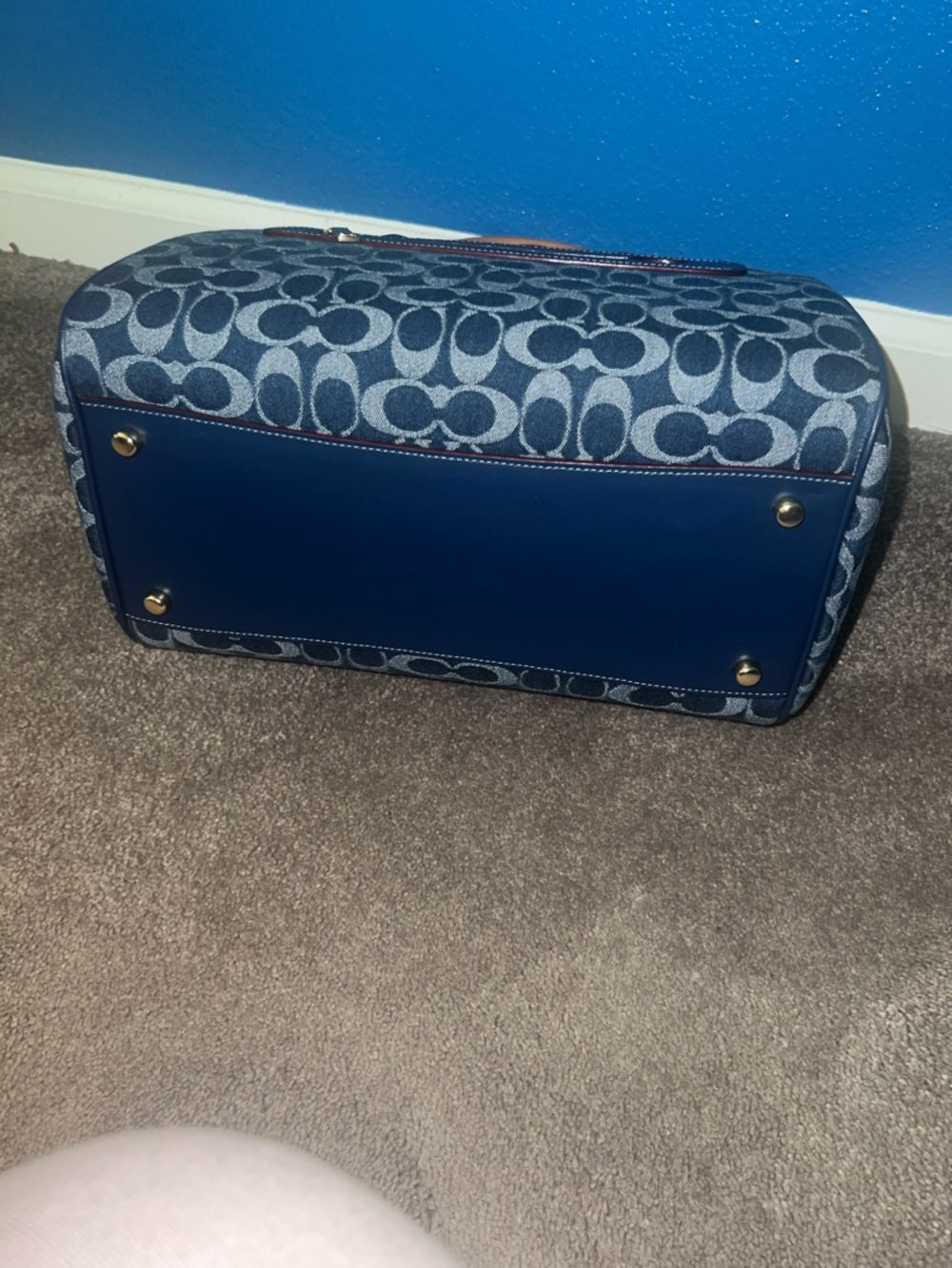 Coach Rowan Navy Signature Denim Satchel with Tan Trim and Cherry Charm - Picture 3 of 4